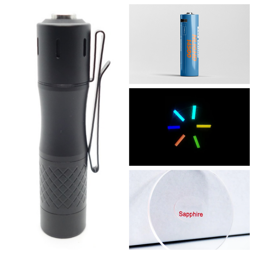 NLIGHTD E1 1000lm 14500 Flashlight Battery Lens Bundle