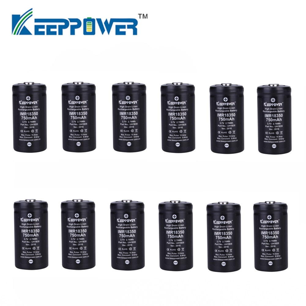 Original 12 pcs KeepPower IMR 18350 battery 750mAh 15A max discharge li-ion high drain battery 3.7V