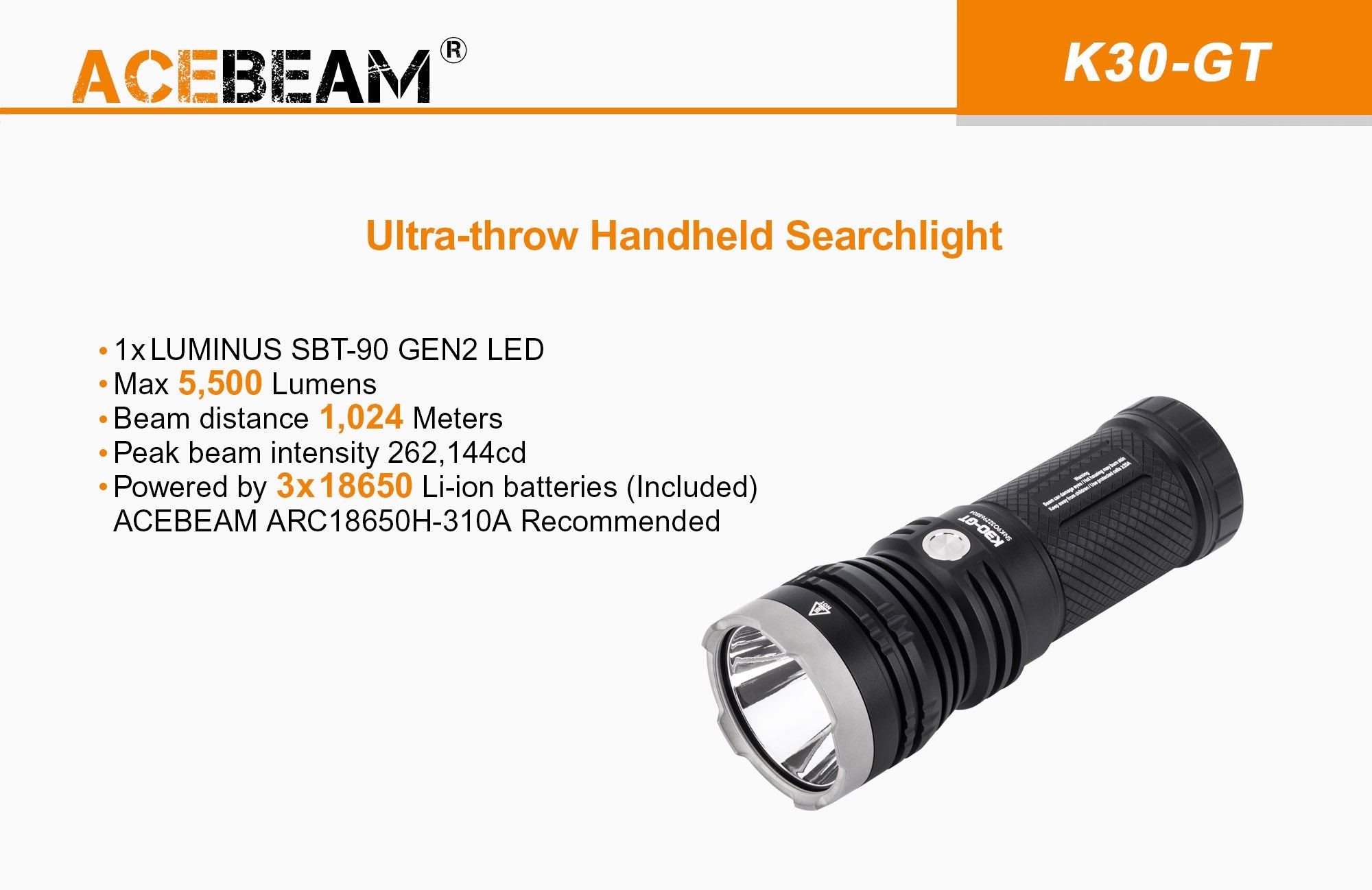 ACEBEAM  K30GT SBT90.2 5500lm 1024m Thrower LED Flashlight Secondary image