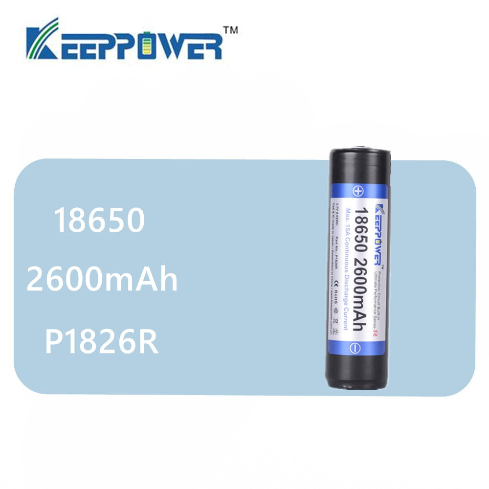 Original 1 Pcs KeepPower 2600mAh 18650 P1826R protected li-ion rechargeable battery Max 15A discharge