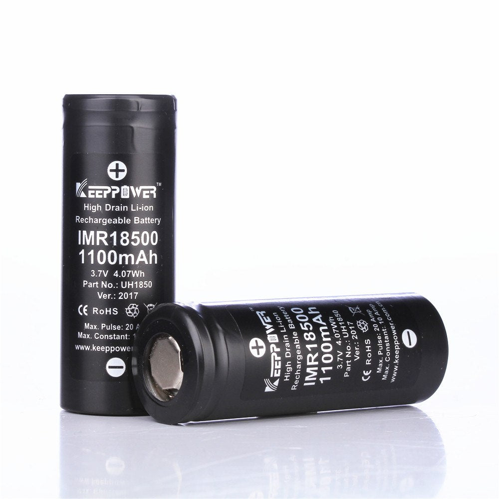 Original 2 pcs KeepPower IMR 18500 battery 1100mAh 20A max discharge li-ion high drain battery 3.7V