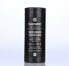 Keeppower IMR26650 5200mAh 30A discharge high drain Li-ion rechargeable battery.