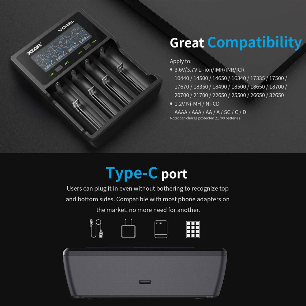 XTAR VC4SL QC3.0 Fast Charger 14500 18650 21700 Liion Battery Charger Secondary image